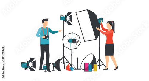 Photographers Setting Up Studio Lighting Equipment.