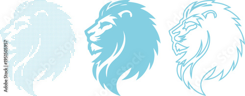 Three stylized light blue lion head designs on a white background Keywords: lion, head, profile, stylized, graphic