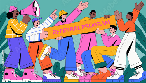 Flat Vector Illustration of Happy Professional Team Announcing Marketing Referral Rewards.eps