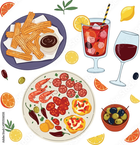 Spanish Tapas and Sangria Set for Feria de Abril Celebration, Traditional Food and Drinks Vector Illustration