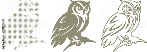 Three taupe owl icons in different styles on white background Keywords: owl, icon, symbol, logo, graphic, design