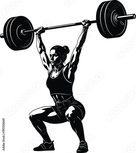 Strong female weightlifter performing overhead barbell squat, powerful athletic woman training, fitness strength workout, bodybuilding silhouette, Olympic lifting concept illustration