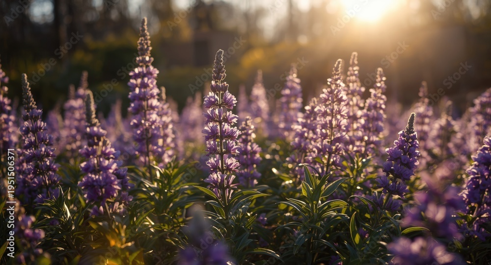 Obraz premium Garden alive with violet Inthanin blossoms under warm bright sunlight