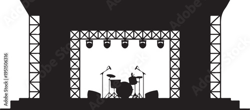 Black silhouette of a drummer on a stage with lighting rigs