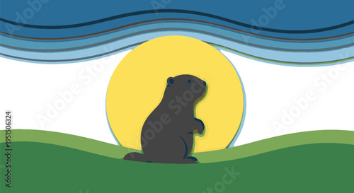 Groundhog silhouette against yellow sun landscape.