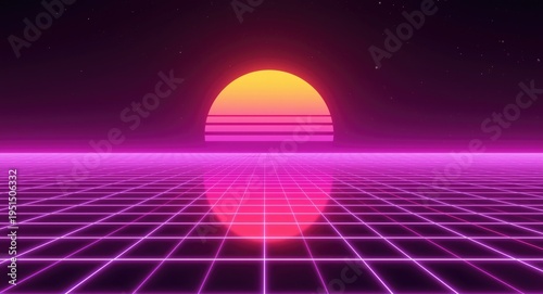 Luminous volume effect with neon grid ground and bright sunset in synthwave style