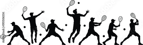 Tennis player silhouettes collection, athlete serving and hitting forehand backhand shots,