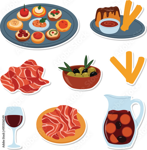 Spanish Tapas and Sangria Collection for Feria de Abril Celebration with Jamon Iberico, Olives, and Churros Illustration
