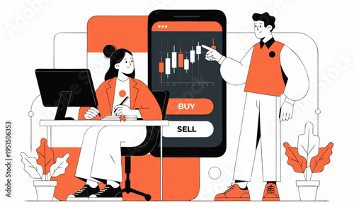 Online Trading and Stock Market Investment Concept Vector Illustration with Characters Analyzing Candlestick Charts on Smartphone Screen.eps