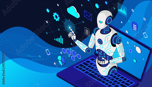 Futuristic Humanoid Cyborg with Digital Interface Elements for Machine Learning and Tech Concept.eps