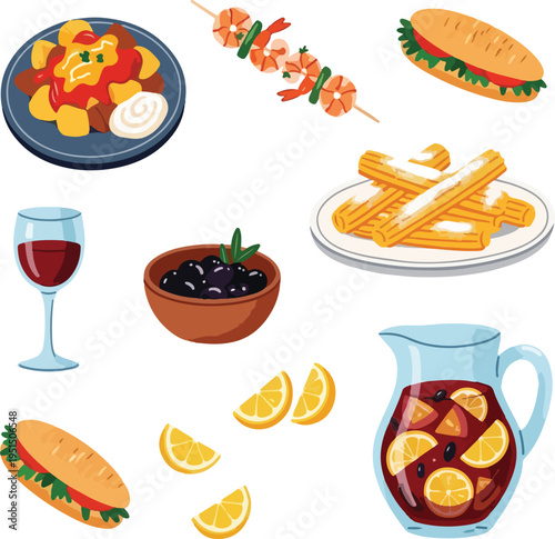 Spanish Tapas and Sangria Collection for Feria de Abril Celebration - Traditional Mediterranean Appetizers and Drinks Illustration Set