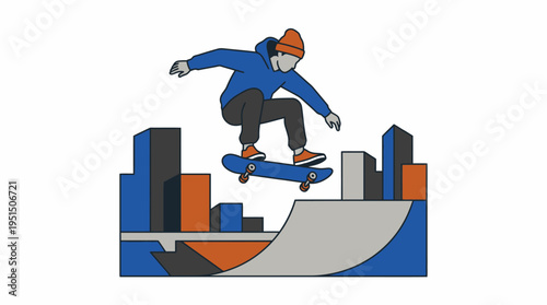 A skateboarder performs a trick in an urban skate park