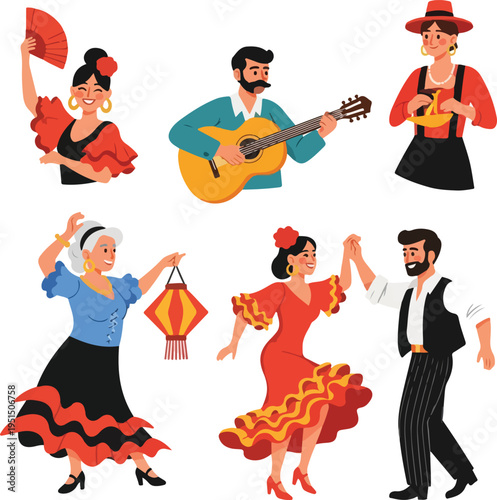 Spanish Feria de Abril Traditional Celebration Illustration Set with Flamenco Dancers and Musicians
