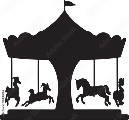 Black silhouette of a merry go round with horses and a flag on