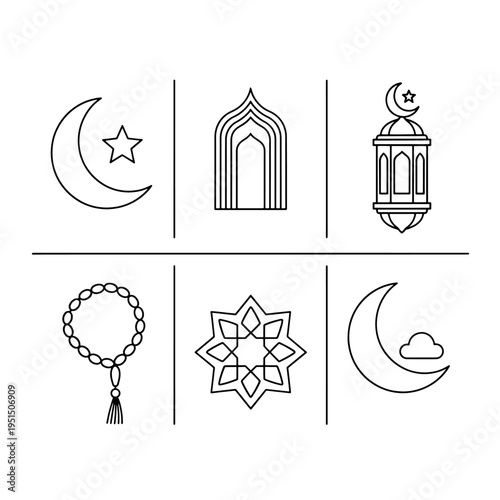 Ramadan Mubarak Icon Line Art Set Style