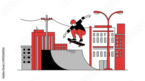 A skateboarder performs a trick in an urban setting