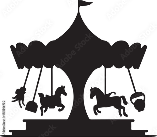 Black silhouette of a merry go round with horses and seats