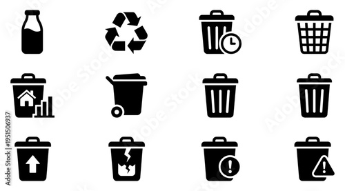 a collection of black trash can icons on a white background including recycling symbol and various waste management related graphics