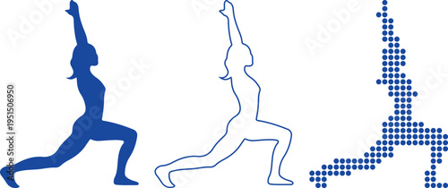 Yoga Pose Warrior Pose Silhouette and Dotted Outline on White exercise vector