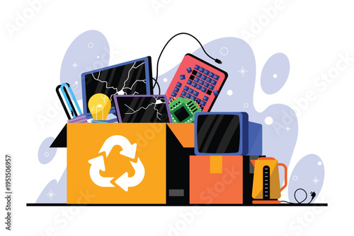 Electronic Waste Recycling Bin with Broken Devices Illustration Flat Style