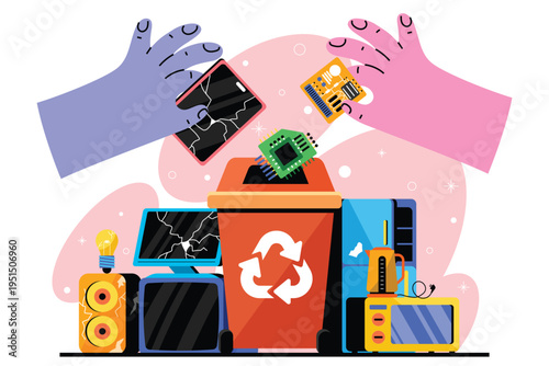 Recycle E Waste Awareness Poster with Broken Devices Flat Style