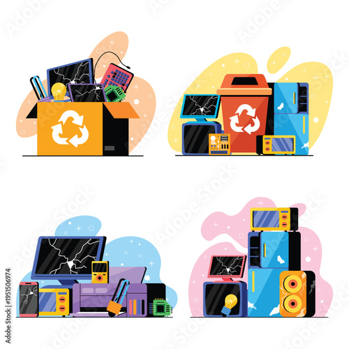 Four Electronic Waste Recycling Scenes With Broken Devices And Appliances Flat Illustration
