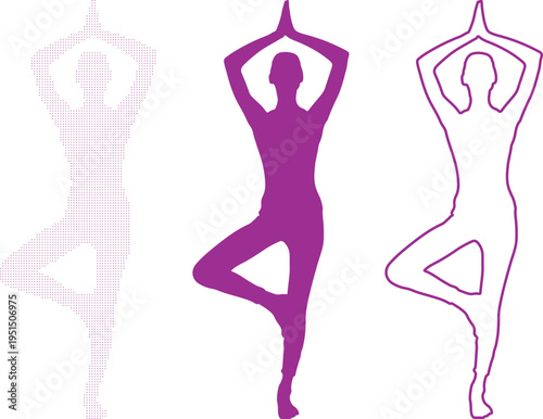 Yoga Pose Tree Pose Silhouette and Dotted Outline on White vector illustration