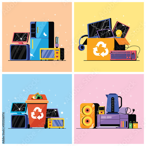 Electronic Waste Recycling Four Scene 2x2 Layout Flat Illustration Composition