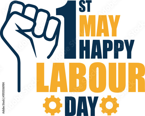 First may happy labour day typography with fist and gear icons for international worker day template