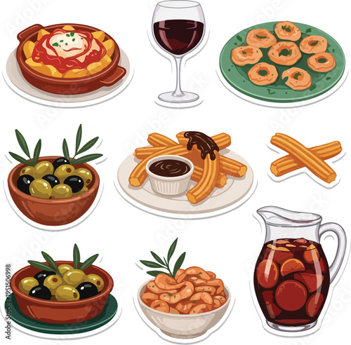 Spanish Tapas and Traditional Snacks Collection: Mediterranean Appetizers, Churros, Sangria, and Olives Illustration for April Fair and Cultural Festivals
