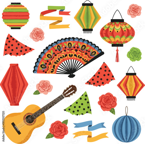 Spanish Feria de Abril Celebration Elements Vector Set with Flamenco Guitar, Lanterns, and Roses