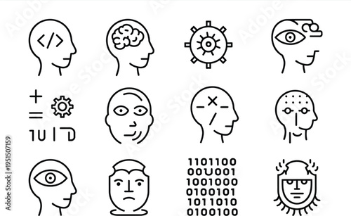 Minimalist Line Art Illustrations A Collection of Icons Representing Technology, Cognition, and Human Thought Processes