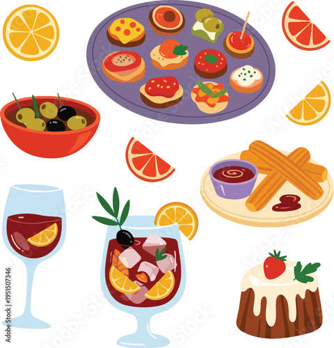 Spanish Tapas and Sangria Collection with Traditional Appetizers and Mediterranean Party Drinks in Flat Vector Illustration Style
