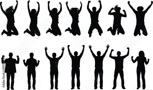 Jumping people silhouettes collection, happy celebration poses vector set isolated energetic human success action