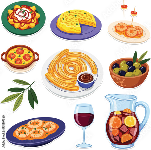 Spanish Tapas and Traditional Cuisine Illustration Set with Sangria, Churros, and Paella for April Food Events