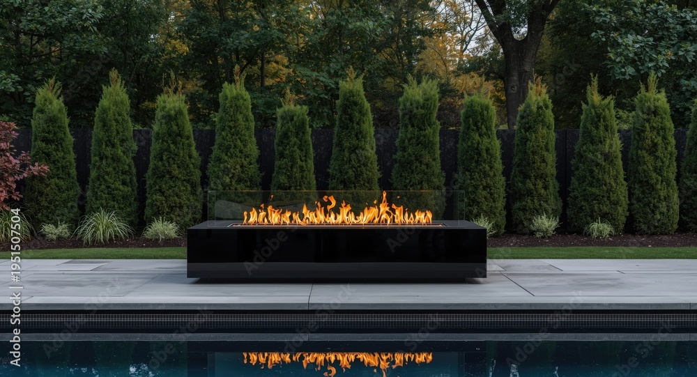 Naklejka premium Sleek poolside gas fire setup featuring black glass surrounds ensuring continual warmth during every season