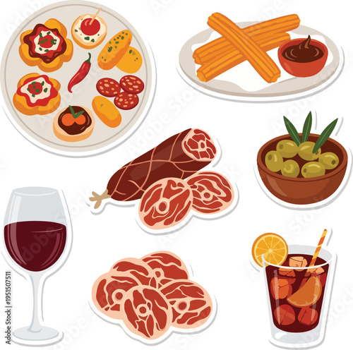 Spanish Tapas and Drinks Flat Vector Illustration Set for Spring Outdoor Dining