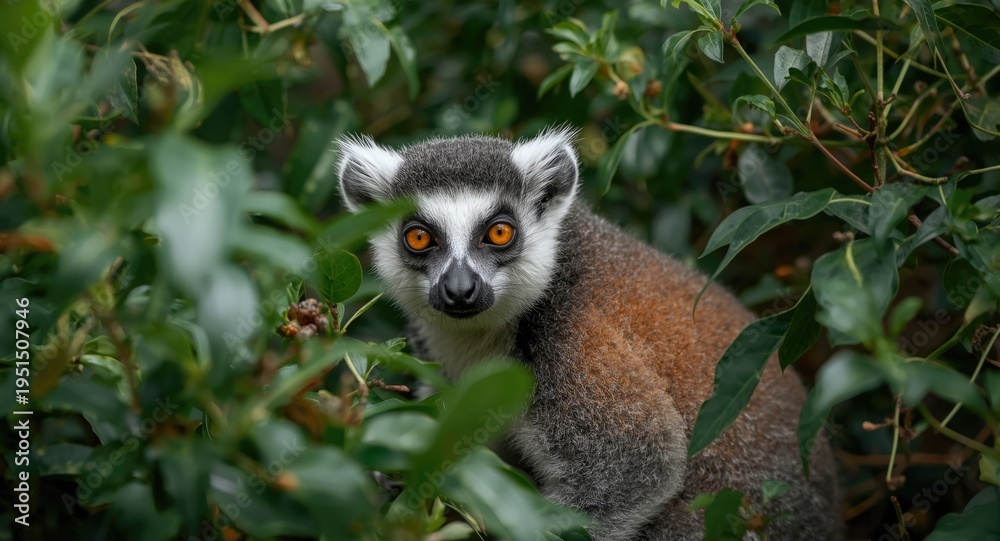 Naklejka premium Natural camouflage of lemur with bright yellow eyes among lush wild green plants