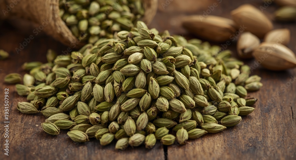 Obraz premium Close up of green cardamom seeds in a rustic setting