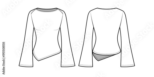 Women's Long-Sleeve Asymmetric Top with Saddle Shoulder and Flared Sleeves-Front and Back View- Fashion Flat- Vector Illustration- CAD Mock-up