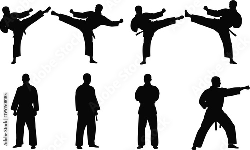 Karate martial arts silhouettes collection, fighter kicking poses vector set isolated combat training action illustration