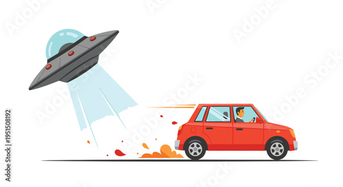 UFO Abducting Red Car on Road.