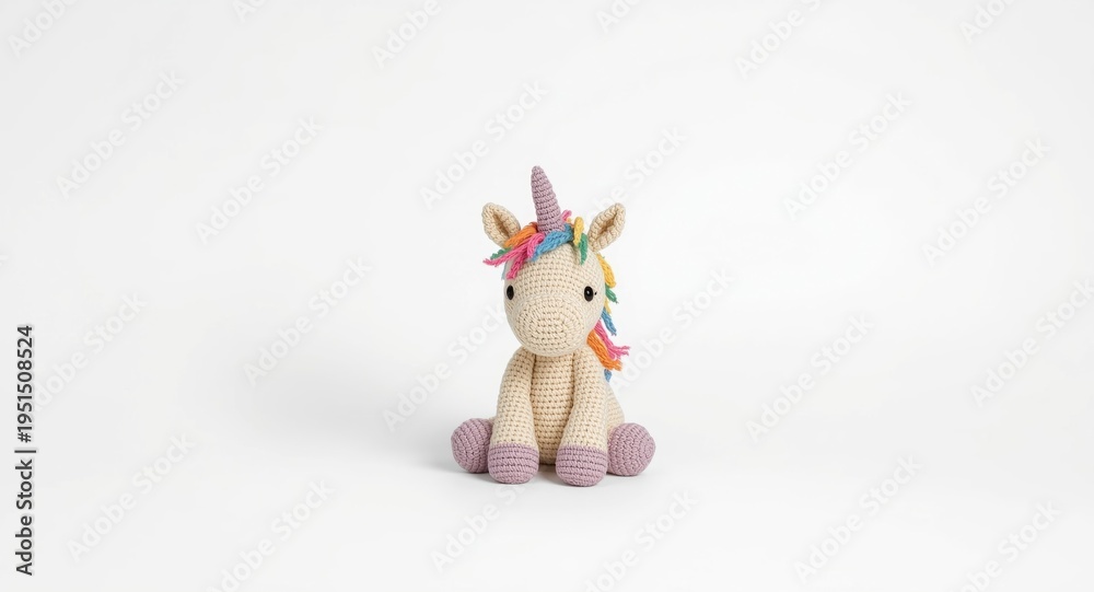 Fototapeta premium Fluffy crochet unicorn toy with detailed stitching on solid white background