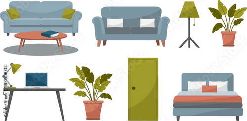 Minimalist room elements sofa, desk, bed, door, lamp, and plants