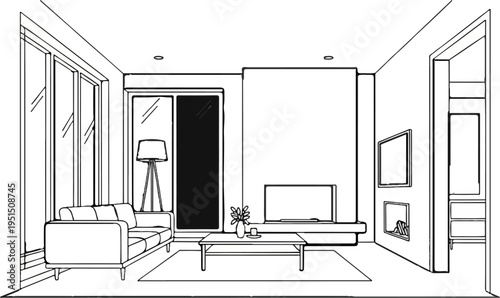 Line art sketch of a modern living room with sofa, fireplace, and television