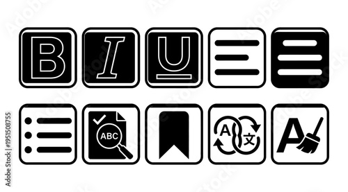 a set of black and white icons representing various text editing functions on a white background, useful for design, education, and business purposes