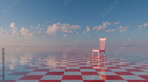 Solitary chair on checkered floor by water