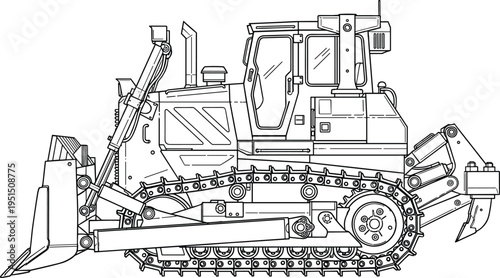 bulldozer construction vehicle heavy equipment crawler tractor line drawing engineering machinery vector illustration isolated industrial machine detailed design