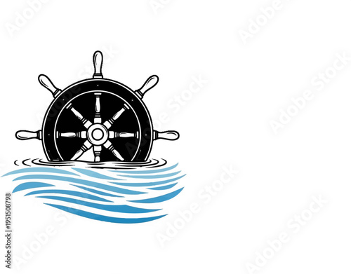 Nautical wheel on blue wavy water background, black and white illustration