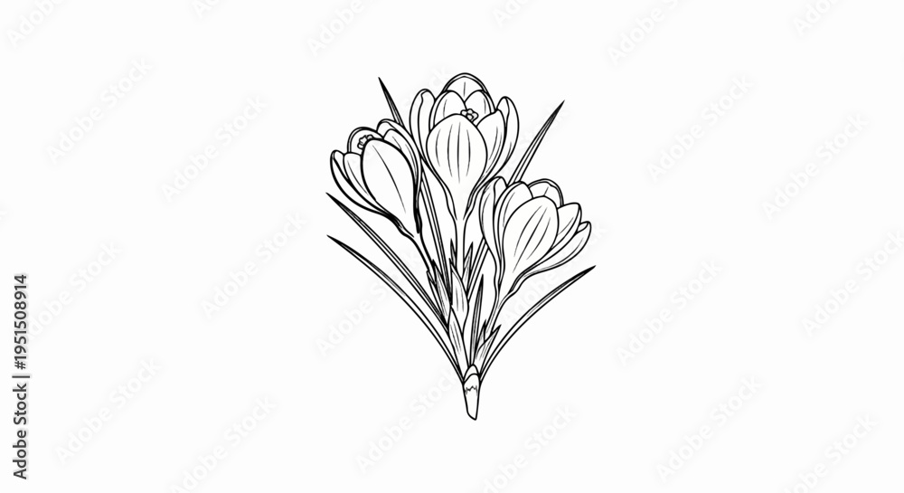 Fototapeta premium A delicate line drawing of three blooming crocuses with long green leaves